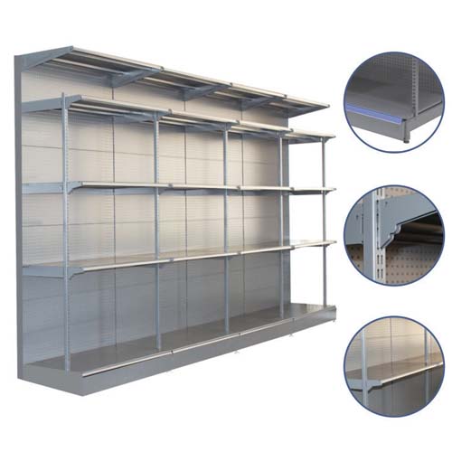 Heavy duty display shelving with hole back panel