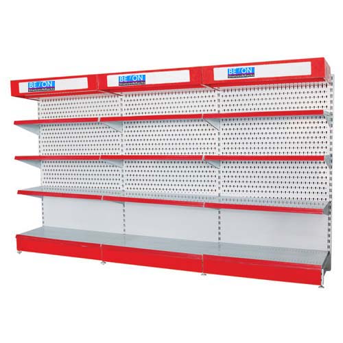 Shop display tool shelf with lightbox and header