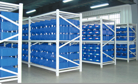 warehouse shelf plastic bin